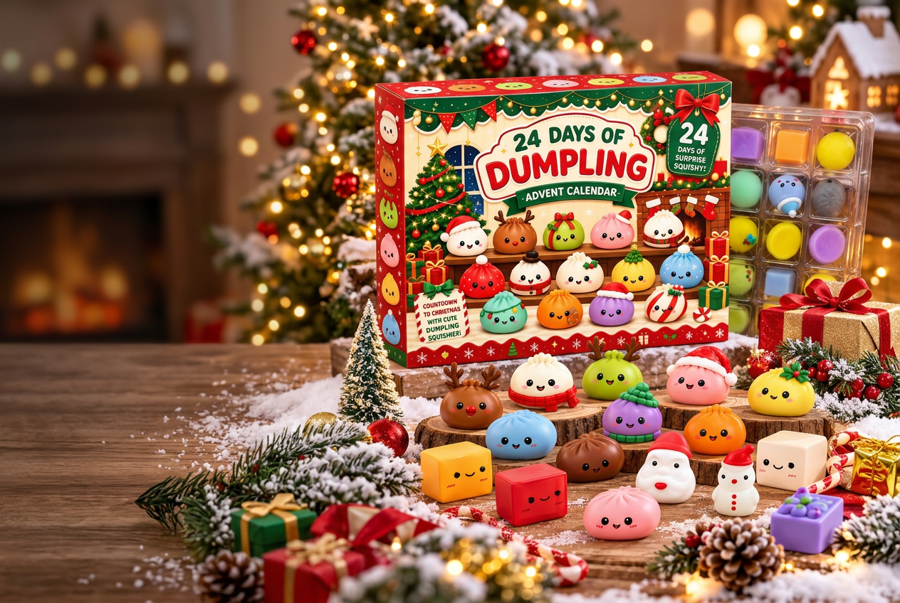 Dumpling Adventskalender mit 24 bunten Squishies vor einem Weihnachtsbaum